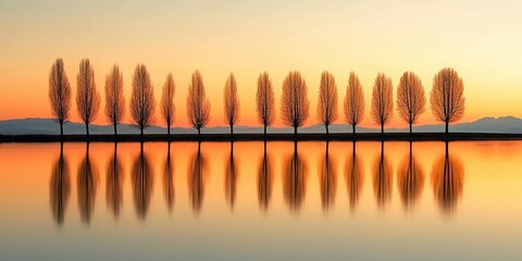 Aufkleber - A tree line reflected perfectly in a calm lake during sunrise. 