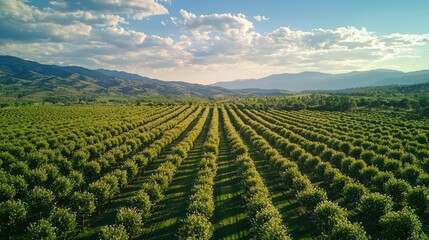 Poster - A vast orchard filled with cherry trees in full bloom under a bright summer sky. 