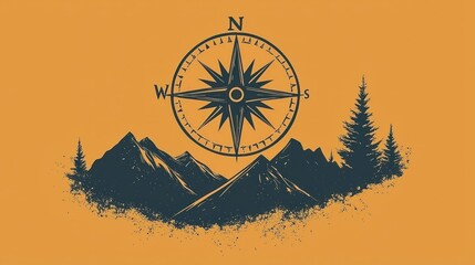 Poster - A vector illustration of a compass logo combined with mountain silhouettes.