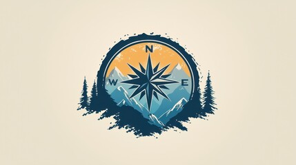 Poster - A vector illustration of a compass logo combined with mountain silhouettes. 