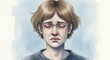 © Kanthowork - Portrait of a Young Woman Crying Watercolor Painting Soft Light Blue Background