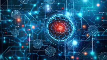 Poster - Colorful Abstract Illustration of a Cell Surrounded by Data Streams
