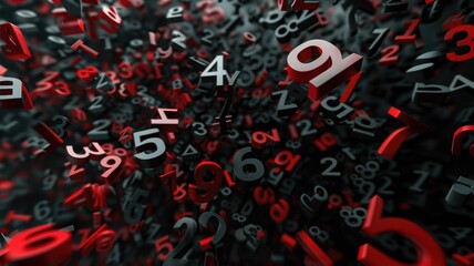 Poster - Floating black and red 3D numbers on a dark background. Abstract 3D rendering art of number floating in black space with glowing red. Digital art for design and print. Modern artwork concept. AIG53.