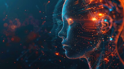 Poster - Science fiction picture of high tech robots for chat bot program, assistance technology about information with deep learning. Futuristic artificial innovative machine assist with intelligence. AIG53.