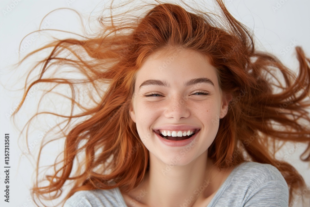 Joyful young woman with red hair smiling widely, capturing a moment of ...