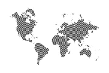 Poster - Halftone world map. Monochrome dotted world map. Continents and islands contours created with halftone dot pattern. Vector.