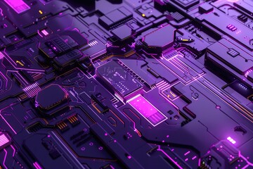 Poster - Close up of a circuit board with purple and pink neon lights. Photography for technology and innovation. Concept for electronics, circuitry, and digital design. Macro shot of microchip. AIG51.