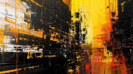 Fototapete - This stunning abstract artwork features a dynamic interplay of bold colors, including vibrant yellow and black. The design offers a modern aesthetic with striking contrasts and energetic layers
