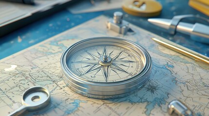 Poster - A vintage-style compass rose surrounded by maps and navigation tools 