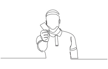 Poster - Continuous one line drawing of man holding business card concept of online shopping, Man hand holding a blank card illustration- continuous line drawing.