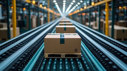 Aufkleber - Organized pallets with packed boxes move along a conveyor system in a busy warehouse, showcasing the logistics and distribution activity taking place within the facility.