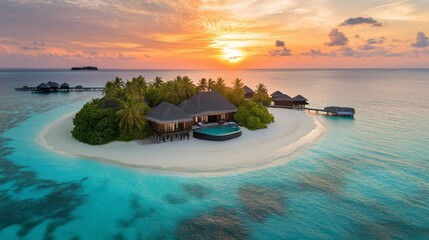 Wall Mural - breathtaking sunset over a tropical beach with a secluded wooden house and lush greenery