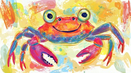 Poster - A whimsical, hand-drawn crab illustration in bright colors, perfect for childrenâ€™s books. 