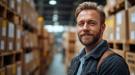 Aufkleber - A warehouse manager is smiling while standing between tall shelves filled with boxes in a bustling logistics hub, overseeing sorting activities and ensuring efficient distribution.
