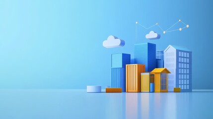 Colorful 3D cityscape with geometric buildings and data visualization elements on blue background