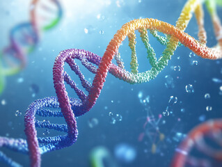 Wall Mural - a vibrant illustration showcases a dna double helix with striking colors against a blue backdrop, ev