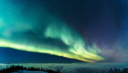 dazzling green aurora illuminates the night sky over serene clouds