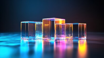 Poster - four vibrant neon glass cubes of different sizes on reflective water-like surface create a stunning 
