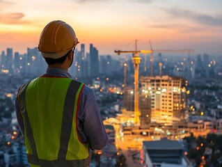 Poster - Construction Worker Overseeing City Skyline at Sunset