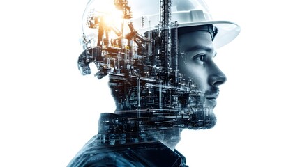 Poster - Double Exposure of Engineer with Industrial Elements in Profile View