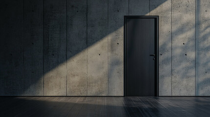 Poster - A black door against a concrete wall with a beam of light shining across the surface of the wall