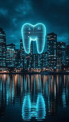 Poster - Innovative dental concept with glowing tooth symbol above modern city skyline at night