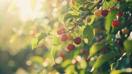 Poster - An orchard full of sour cherry trees, with the fruits ripening under a soft afternoon sun. 