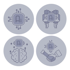Poster - Collection of four distinct icons illustrating various aspects of artificial intelligence, including computer chip, hands, brain, and handshake