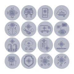 Poster - Collection of icons representing artificial intelligence concepts, including collaboration, data processing, and smart technology