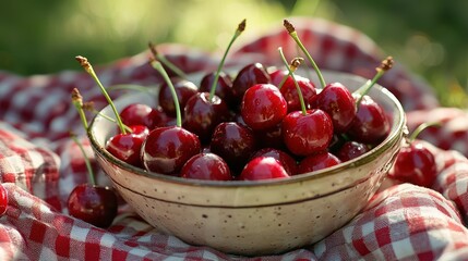 Poster - An outdoor picnic scene featuring a picnic blanket, a bowl of cherries, and other fresh fruits.