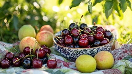 Poster - An outdoor picnic scene featuring a picnic blanket, a bowl of cherries, and other fresh fruits. 