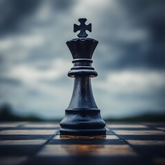 Poster - Black chess piece on a checkered board against dark sky backdrop