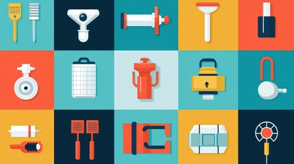 Poster - Colorful plumbing icons representing different tools and services. 