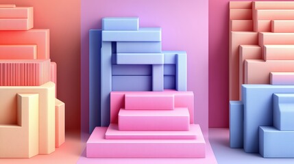 Poster - Abstract 3D rende featu pastel-colored geometric shapes including stacked blocks and stepped platforms with coordinating background color panels