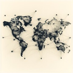 Aufkleber - Abstract World Map with Network Connections and Nodes Illustration