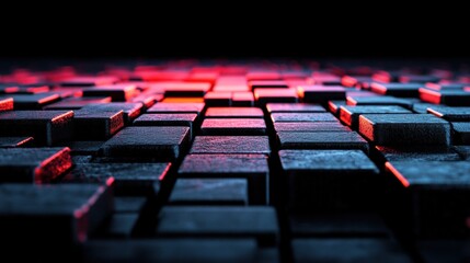 Poster - A low-angle close-up view of dark metallic cubes illuminated by vibrant red and blue lighting creating dramatic and textured visual effects in design