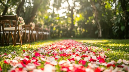 Poster - Flower petals scattered along the aisle for a garden wedding. 