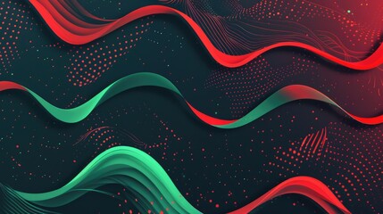 Poster - Abstract red and green flowing waves on a dark background. Digital artwork for design and print. Fluid and wavy concept art. Background image of green and red gradient wave made from paper. AIG51.