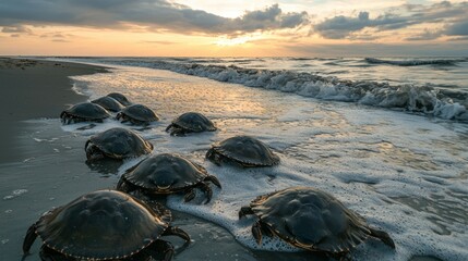 Poster - Horseshoe crabs on a quiet beach at dusk, near shallow waves. 