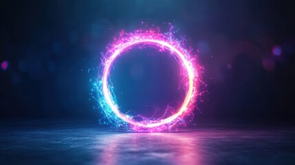 Poster - A vibrant glowing circular of pink and blue energy floating above dark reflective surface surrounded by sparkling particles in dimly lit scene