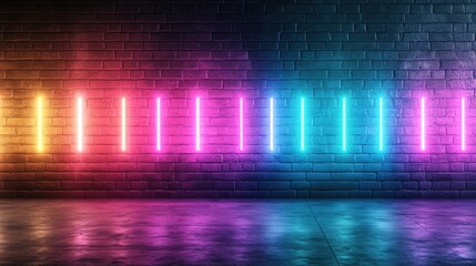 Poster - A Vibrant Display of Neon Lights Illuminating a Dark Brick Wall with a Spectrum of Colors Including Warm Yellows Oranges Cool Blues and Teals