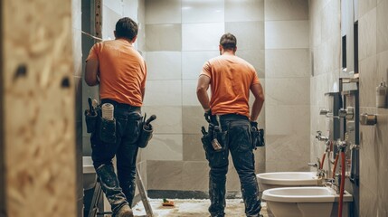 Poster - Plumbers working in a commercial restroom renovation. 