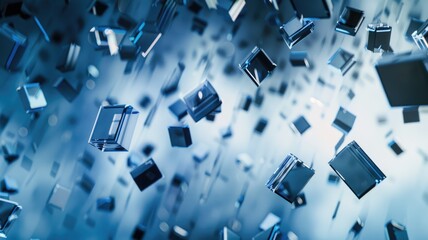 Poster - Abstract floating blue cubes in digital space. Digital art for design and print. Digital artwork of 3D rendering black cube floating in the gradient blue and white background. Technology. AIG53.