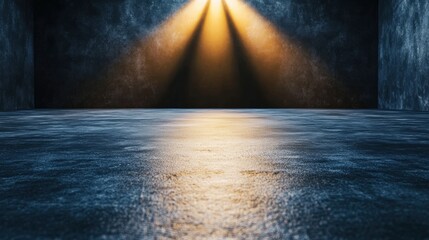 Poster - Dramatic Atmosphere Created by Golden Light Beams Illuminating a Dark Concrete Floor and Walls in Textured Shadowy Scene of Urban Setting