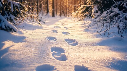 Aufkleber - Soft bunny paw prints in the snow, leading through a forest path during winter. 