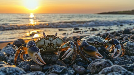 Poster - Stone crabs crawling over rocky terrain near a calm beach at sunset.
