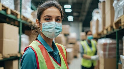 Poster - Volunteers wearing masks and vests working at a donation distribution center.