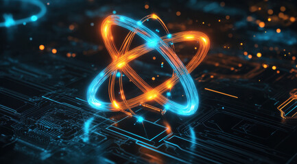 Aufkleber - An atom symbol glows with dynamic blue and orange lights, showcasing the vibrant interplay of energy and technology in a modern setting