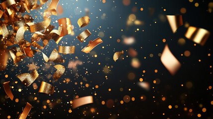 Poster - A Vibrant Celebration of Golden Confetti and Spiraling Ribbons Creating Joyful Atmosphere Against a Deep Blue Background with Soft Illuminating Light