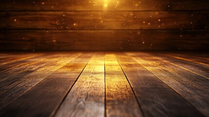 Poster - Warm Golden Light Casting Beautiful Reflections on Rustic Wooden Floor and Weathered Wall With Shimme Particles in the Air Creating Atmosphere